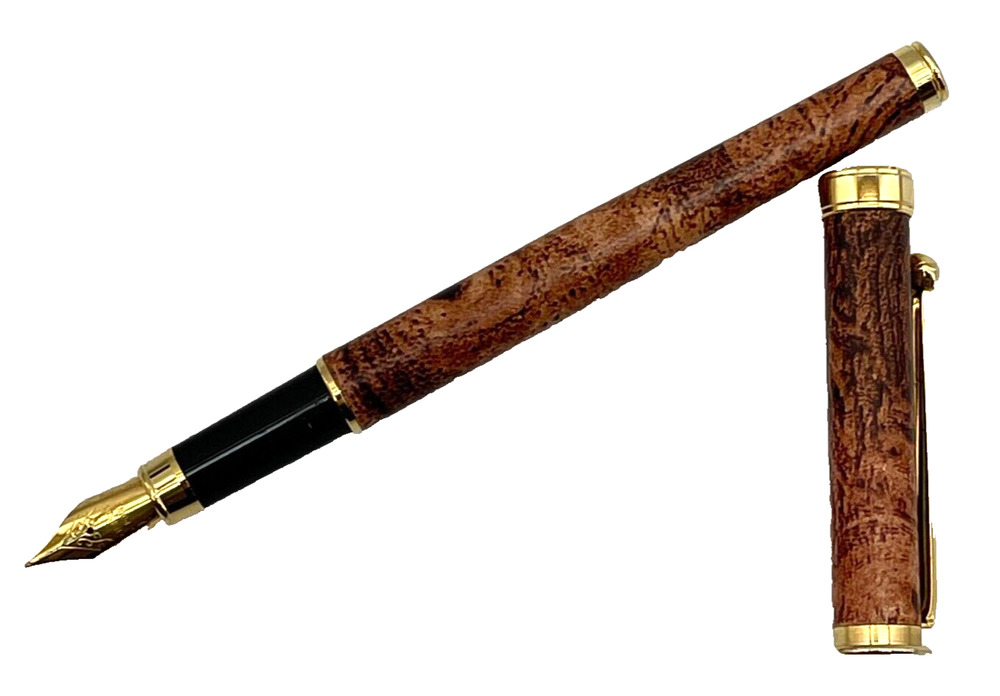 Wooden Body Fountain Pen Medium Gold Tone Nib Elegant Smooth Writing Gift